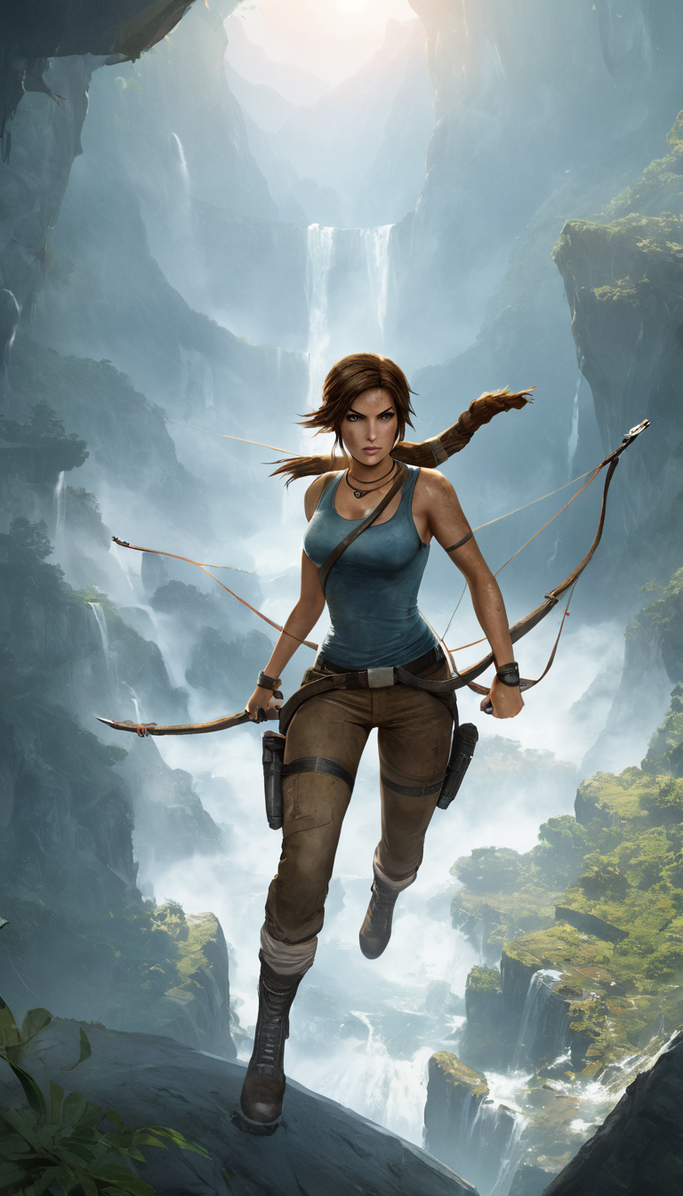 concept art Cinematic scene, hero view, Lara Croft <lora:lara_croft_xl_v2:1>, action pose, detailed background, masterpiece, best quality, high quality, highres, absurdres  . digital artwork, illustrative, painterly, matte painting, highly detailed