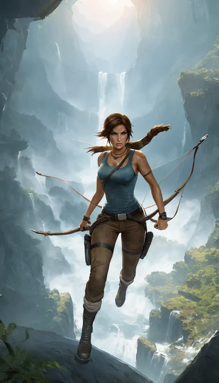concept art Cinematic scene, hero view, Lara Croft <lora:lara_croft_xl_v2:1>, action pose, detailed background, masterpiece, best quality, high quality, highres, absurdres . digital artwork, illustrative, painterly, matte painting, highly detailed