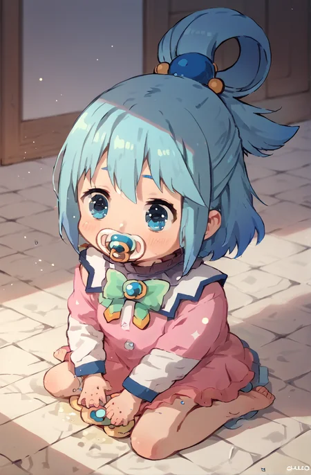 score_9_up,score_8_up,score_7_up,source_anime,baby,cute,1girl,solo,baby pacifier,on knees,crawling,pink dress,<lyco:Aged_down_character:1>,
<lyco:konosuba-aqua-s2-ponyxl-lora-nochekaiser:1>,aqua \(konosuba\),blue eyes,hair ornament,blue hair,hair rings,single hair ring,hair bobbles,short hair,