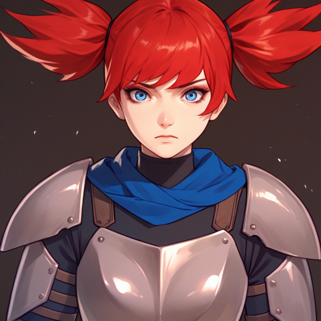 Score_9_up, source_8_up, source_7_up, source_anime, upper body, BREAK, 1girl, solo, Jean, red hair, twintails, blue eyes, medium breasts, makeup, black bodysuit, blue scarf, breastplate, pauldrons, gauntlets, armor,