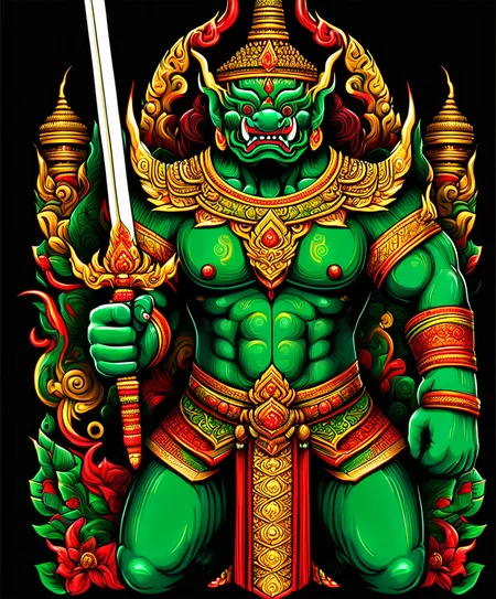 thai ogre style, giant, a lady behind it, holding a sword, colors green red and gold, extremely detailed, digital art, t-shirt design, dark blackground <lora:thai ogre_style:0.75>