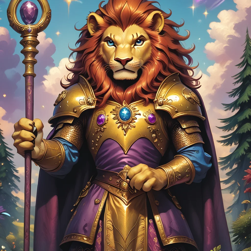 score_9, score_8_up, score_7_up, score_6_up, score_5_up, score_4_up, <lora:WonderlandPony_r1:1> ArsMJStyle, Wonderland, The image shows a lion wearing a golden and purple dress holding a staff in its hand standing in front of a backdrop of trees and clouds in the sky., lion, armor, solo, cape, furry, lion ears, animal ears, male focus, blue eyes, gold armor, sky, 1boy, holding, staff, furry male