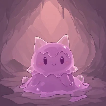 In a cave showing light above,sl1m3d,slime-morph,Mymelomade out of slime, anthro, 1female,hooded capelet, pink ears,solo,smile at you on a cute way,beautiful,high-quality,