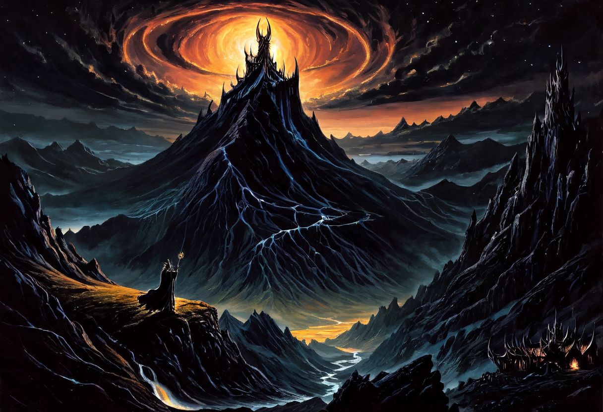 night time, landscape, High fantasy style, Tolkien, Illustration, epic art, Synthetism, majestic, fairy tale, masterpiece, (high contrast, sharp contrast:1.2) crystal clear, sharp, contrast, Wallpaper Fusion, The Lord of the Rings style,