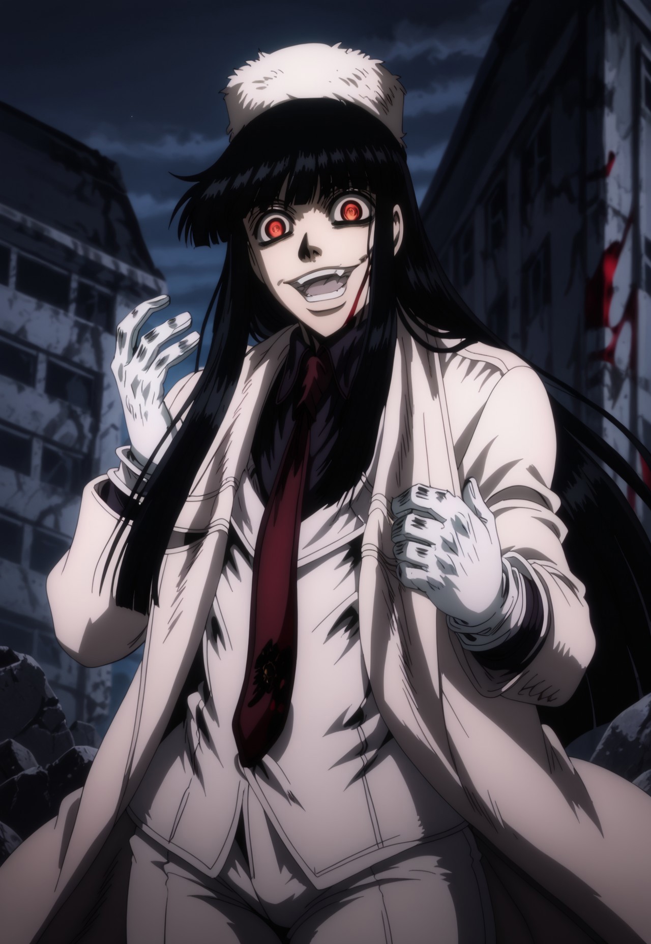 safe_pos, score_9, score_8_up, score_7_up, masterpiece, best quality, Girlycard, solo, 1girl, female focus, female, black hair, long hair, hime cut, blunt bangs, red eyes, fur hat, white jacket, black shirt, red necktie, white coat, white scarf, white gloves, white pants, cowboy shot, crazy eyes, laughing, fangs, dynamic pose, blood on face, blood on clothes, blood splatters, perspective, night, abandoned house, hellsing_ultimate_style