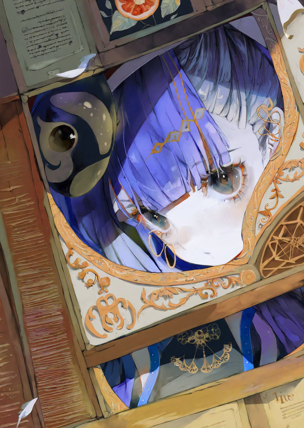 by yogisya by demizu posuka
1girl explores a dimly lit attic filled with old books, casting eerie shadows on the walls. close up qurare magic library, 
extremely beautiful detailed piercing eyes,
 masterpiece, best quality, high quality, highres, absurdres, very detailed, high resolution, sharp, sharp image, 8k, vivid, colorful, stunning, anime