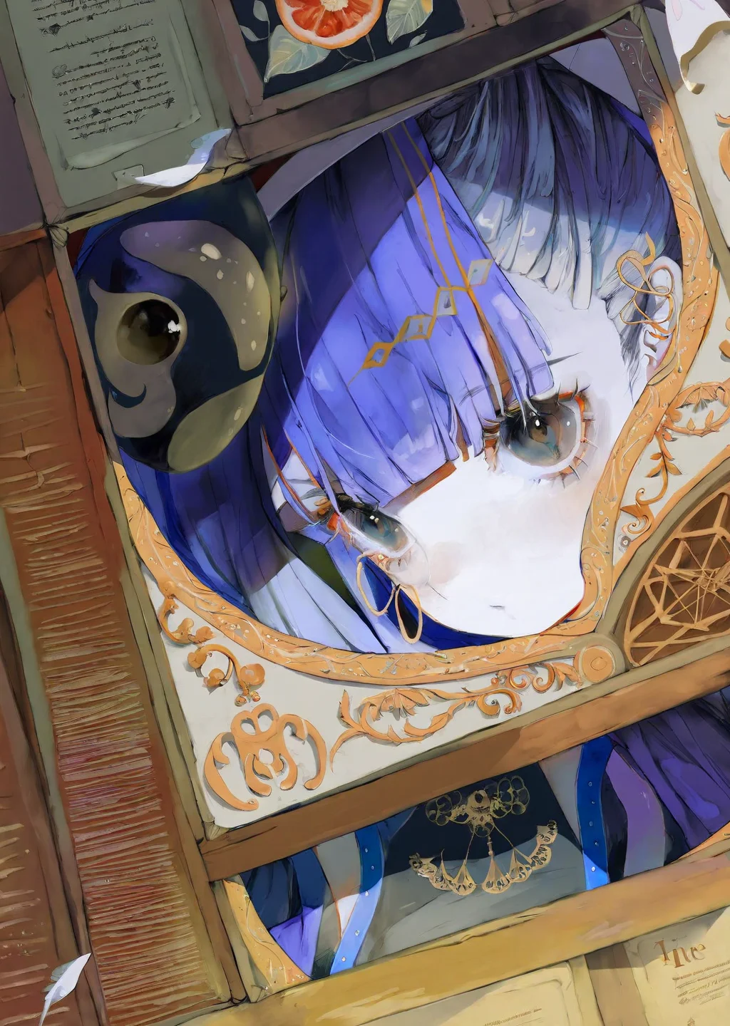 by yogisya by demizu posuka
1girl explores a dimly lit attic filled with old books, casting eerie shadows on the walls. close up qurare magic library, 
extremely beautiful detailed piercing eyes,
 masterpiece, best quality, high quality, highres, absurdres, very detailed, high resolution, sharp, sharp image, 8k, vivid, colorful, stunning, anime