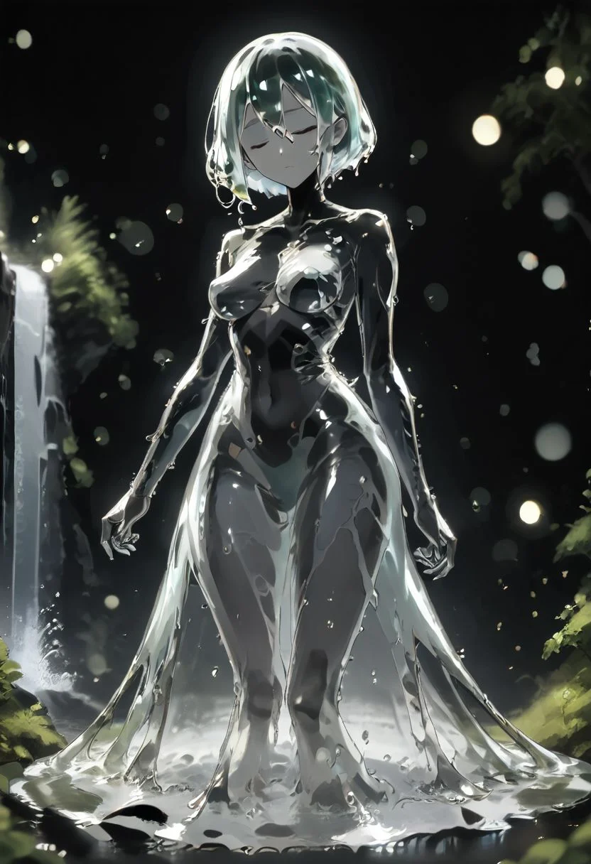 score_9, score_8_up, score_7_up, score_6_up, source_anime, slime girl, swooping breasts, full body, gl4sst3r, glass, dress, see-through, closed eyes, dark cave, waterfall, splashing, wet, dripping, cinematic lighting, zPDXL