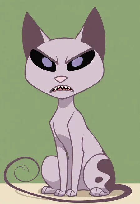 safe_pos, ((flat color, no shading)), simple art, score_9, score_8_up, score_7_up, score_6_up, score_5_up, score_4_up, source_furry, hi res, sfw, 2D artwork, solo, 1boy, no humans,
mrkat, quadruped, feral, pointy ears, purple ears, animal ears, hairless, purple body, black sclera, white pupils, pink nose, feline, alien, sphynx cat, spotted butt, long tail, purple tail, fangs, teeth, sharp teeth,
sitting, looking at viewer, :<, indifferent expression,
green background, flat shading