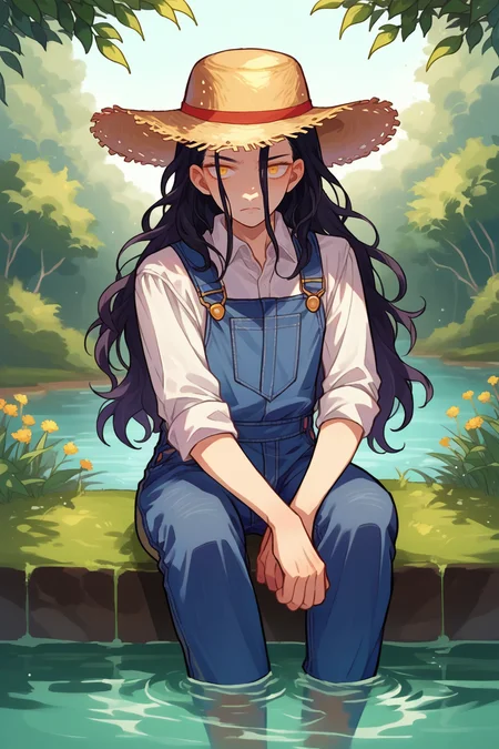 score_9, score_8_up, source_anime, androgynous, solo, <lora:NSLimstellaFE7:1> NSLimstellaFE7, black hair, long hair, yellow eyes, straw hat, river, sitting, legs in water, outdoors, overalls, pants rolled up