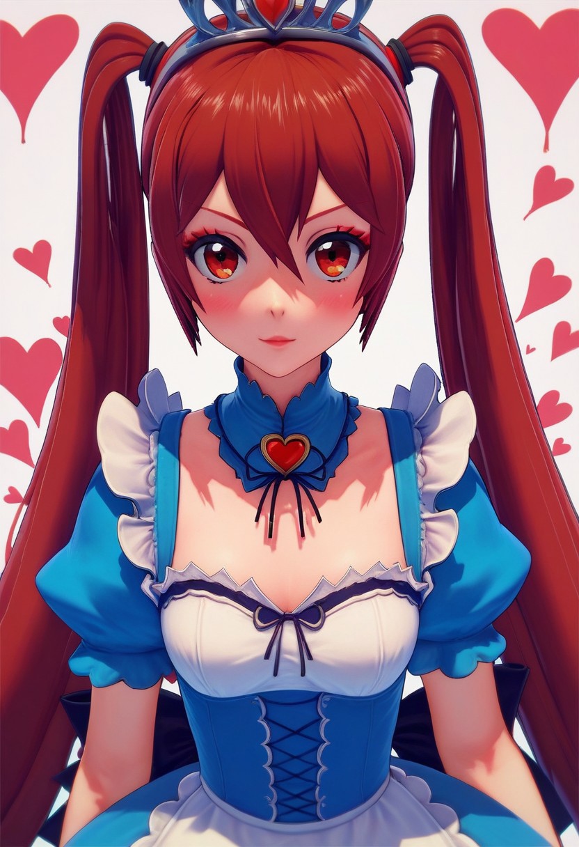 score_9, score_8_up, score_7_up, 1girl, A young woman, alice in wonderland style, ami_arakawa as the red queen,twintails,cute,queen of hearts,evil queen from alice in wonderland