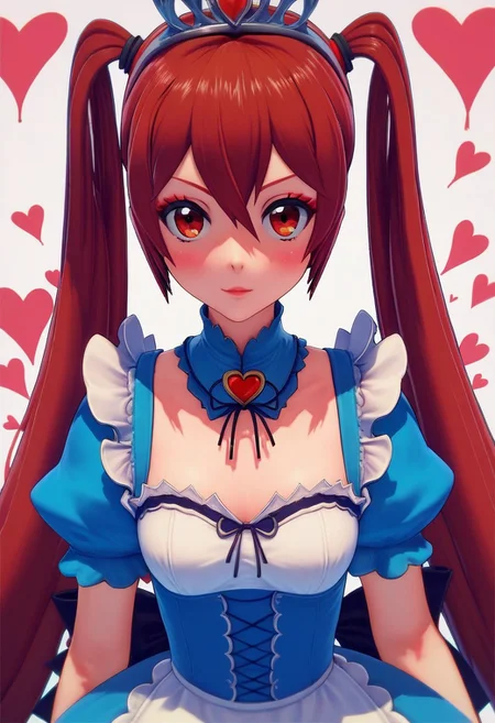 score_9, score_8_up, score_7_up, 1girl, A young woman, alice in wonderland style, ami_arakawa as the red queen,twintails,cute,queen of hearts,evil queen from alice in wonderland