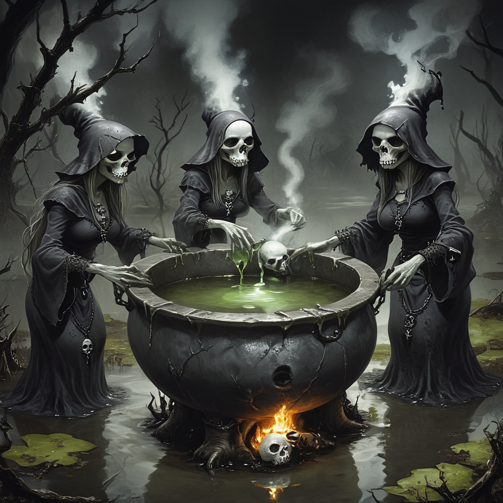 ArsMJStyle, dnddarkestfantasy,  <lora:DnD_Darkest_Fantasy_Party:1>,   Hag Coven's Cauldron, The picture shows three hags gathered around a bubbling cauldron in a swamp. Noxious fumes form skull shapes in the air. Ingredients including body parts float in the murky water. The swamp itself seems alive and malevolent, with eyes peering from the darkness., no humans, hag, cauldron, swamp, dark magic, potion, body parts, skull, coven, dark fantasy, witchcraft, malevolent nature