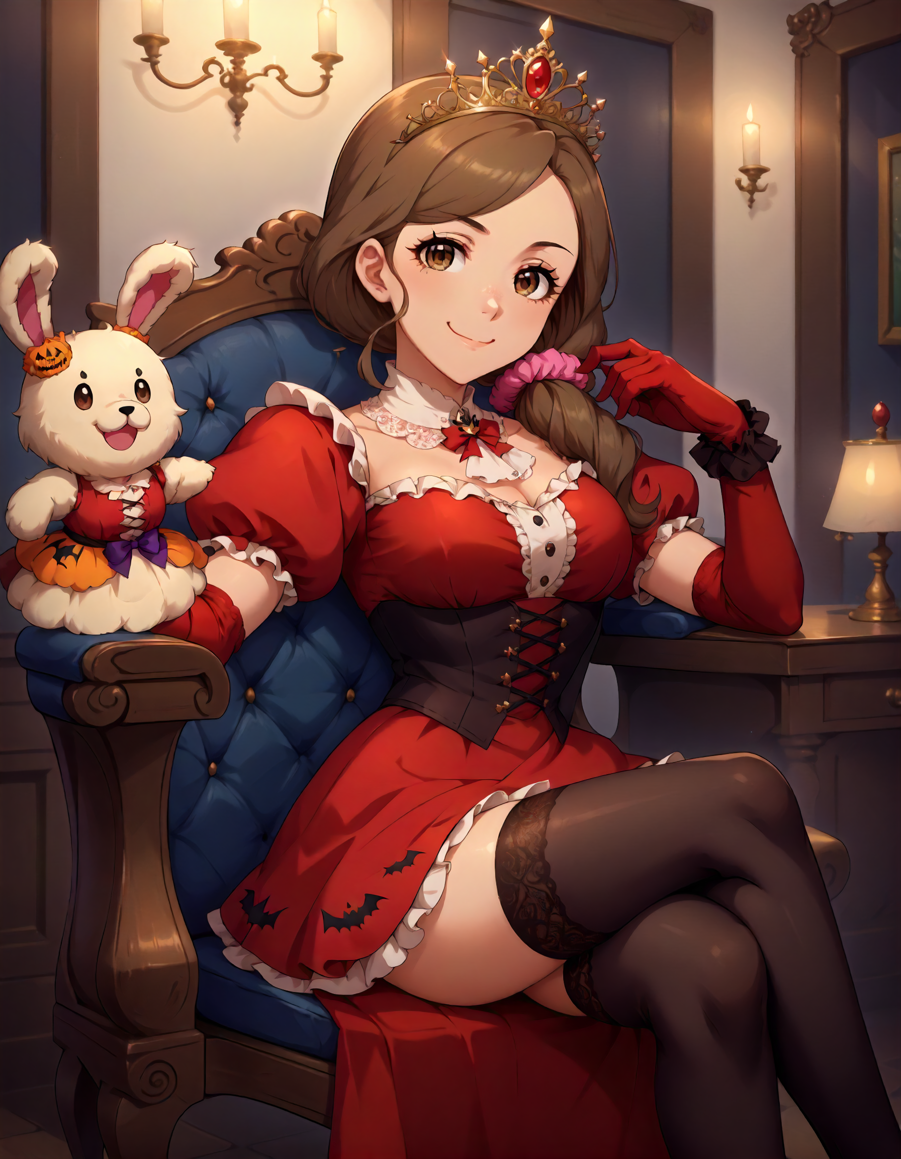 score_9, score_8_up,score_7_up,1girl,sitting,looking at viewer,smile,closed mouth,sit on victorian chair,crossed legs,
<lora:mochidaarisa_ponyXLV6:0.8>,cgmar,brown hair,long hair,low ponytail,golden hair scrunchie,brown eyes,hand puppet,halloween costume,golden tiara,red dress,puffy sleeves,red elbow gloves,black thighhighs