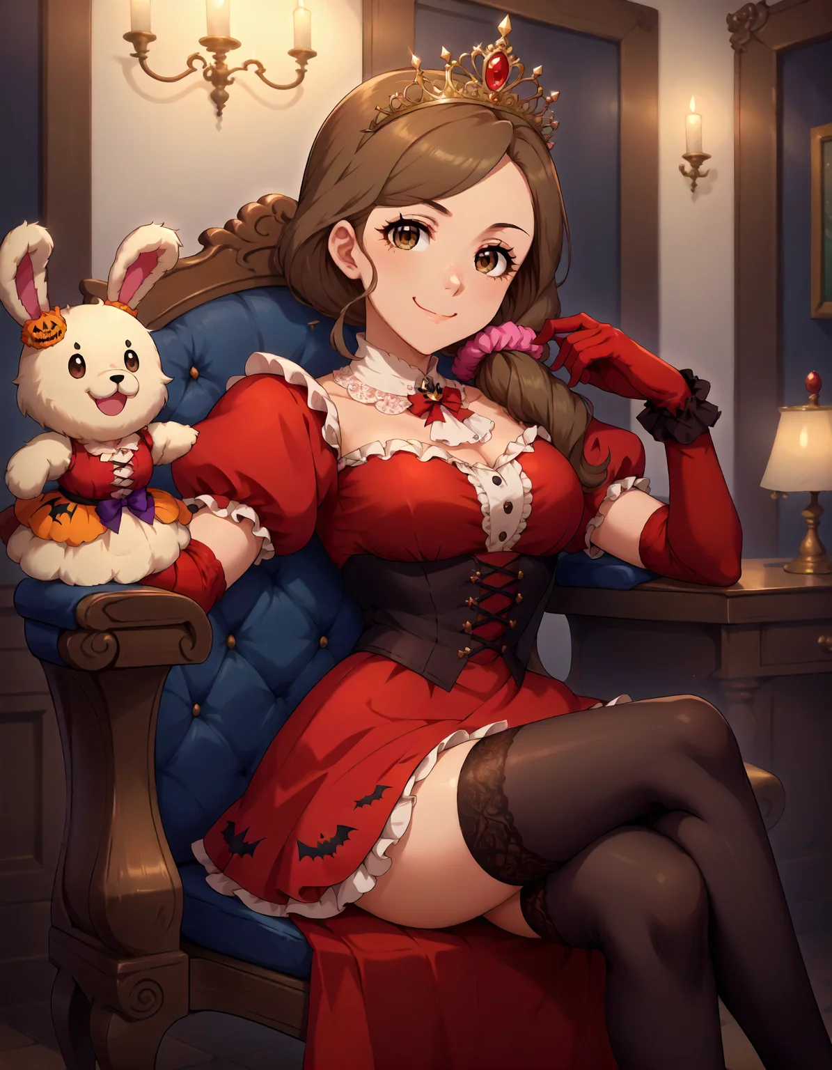 score_9, score_8_up,score_7_up,1girl,sitting,looking at viewer,smile,closed mouth,sit on victorian chair,crossed legs,
<lora:mochidaarisa_ponyXLV6:0.8>,cgmar,brown hair,long hair,low ponytail,golden hair scrunchie,brown eyes,hand puppet,halloween costume,golden tiara,red dress,puffy sleeves,red elbow gloves,black thighhighs