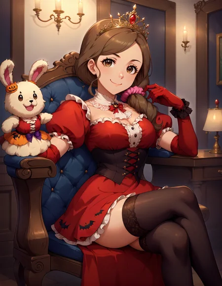 score_9, score_8_up,score_7_up,1girl,sitting,looking at viewer,smile,closed mouth,sit on victorian chair,crossed legs,
<lora:mochidaarisa_ponyXLV6:0.8>,cgmar,brown hair,long hair,low ponytail,golden hair scrunchie,brown eyes,hand puppet,halloween costume,golden tiara,red dress,puffy sleeves,red elbow gloves,black thighhighs