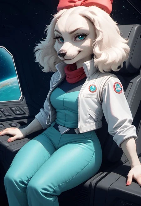 Fay sinclair,(score_9), score_8, [score_7],[score_6],[[score_5]], gundamwingcockpit, source_furry, in sci-fi cockpit, in cosmic space, shortstack (spaniel girl), smirk, smug, thick,((white fur)),  wearing croptop aqua flight-suit, aqua pants, sleeveless white vest over aqua croptop_jacket, aqua rolled sleeves,  furry white [abs], realistic