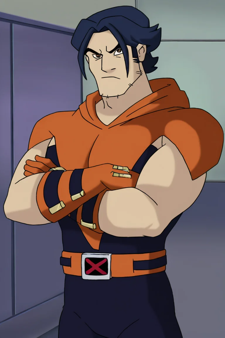 masterpiece, best quality, highres, newest, logan, wolvevo, 1boy, solo, male focus, mature male, short hair, dark blue hair, brown eyes, thick eyebrows, facial hair, stubble, sideburns, hood down, bodysuit, orange bodysuit, black bodysuit, two-tone bodysuit, short sleeves, orange gloves, belt, muscular, frown, crossed arms, looking at viewer, standing, cowboy shot, indoors, bedroom <lora:Wolverine (Logan) X-Men Evolution (First Suit+Unmasked) v1.1 [LoRA] - NoobAI-XL EPS 1.0:0.8>