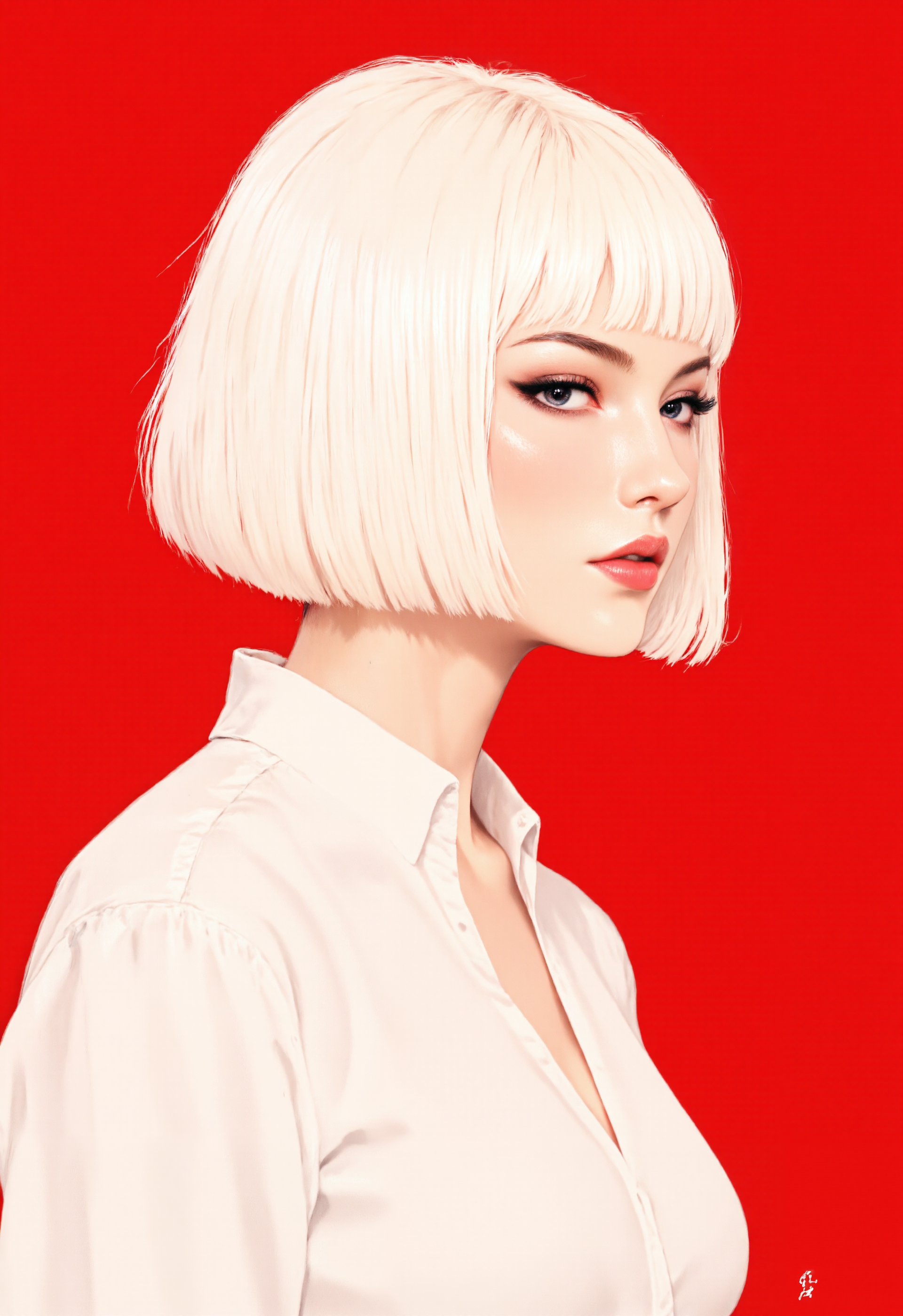 typographic art "NEPOTISM" in lettering that blends with the rest of the composition;  A minimalist illustration of a young woman with straight, pale white hair, cut into a blunt bob. She is shown in profile, wearing a crisp white blouse that contrasts against a rich red background. Her expression is poised, with her eyes subtly highlighted by soft shadows, while her skin is smooth and flawless. The overall composition is simple yet striking, emphasizing the clean, graphic lines and bold color contrasts. The style of this artwork takes inspiration from the smooth, refined visual language of Yoshitaka Amano, with sharp lines and an elegant, minimalist approach to detail.
