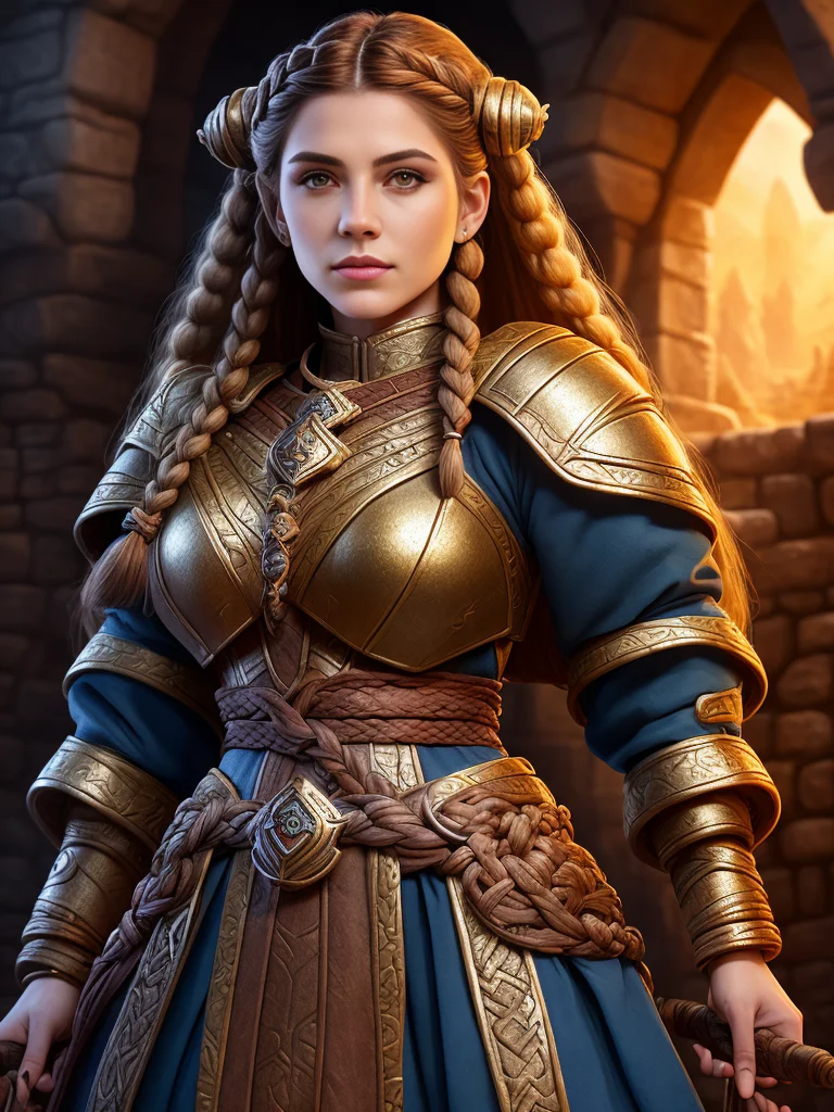 award winning digital art of a dwarven cleric woman, braided hair, fully clothed, in a fantasy village, d&d, masterpiece, best quality, high contrast, soft lighting, backlighting, bloom, light sparkles, chromatic aberration, smooth, sharp focus