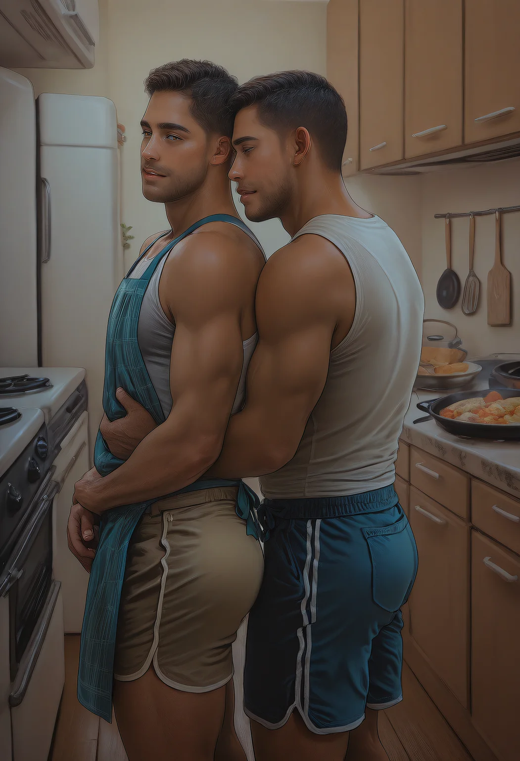 embedding:SDXL\Positive\HDA_MasterpieceXLclassic, womby_artstyle, realistic, dark theme, low light, 2boys, look at other, muscular male, mature male, stubble shave, indoors, tank tops, shorts, intimate, hugging from behind, standing, kitchen, stove, fridge, apron, cooking, food, counters, wooden floor, romantic, dynamic angle, depth of field, masterpiece, high resolution, best quality.