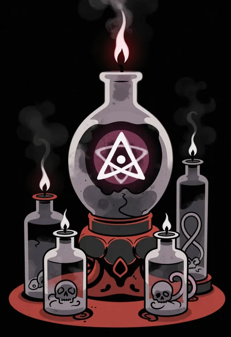Ink illustration of bulbous bottles containing a shape-shifting plasma floating above an arcane symbol on an obsidian altar. Surrounded by lost souls, with a foreboding ambiance, increased by misty glow; masterpiece, very aesthetic, grimdark beauty, vibrant <lora:dmd2_sdxl_4step_lora>