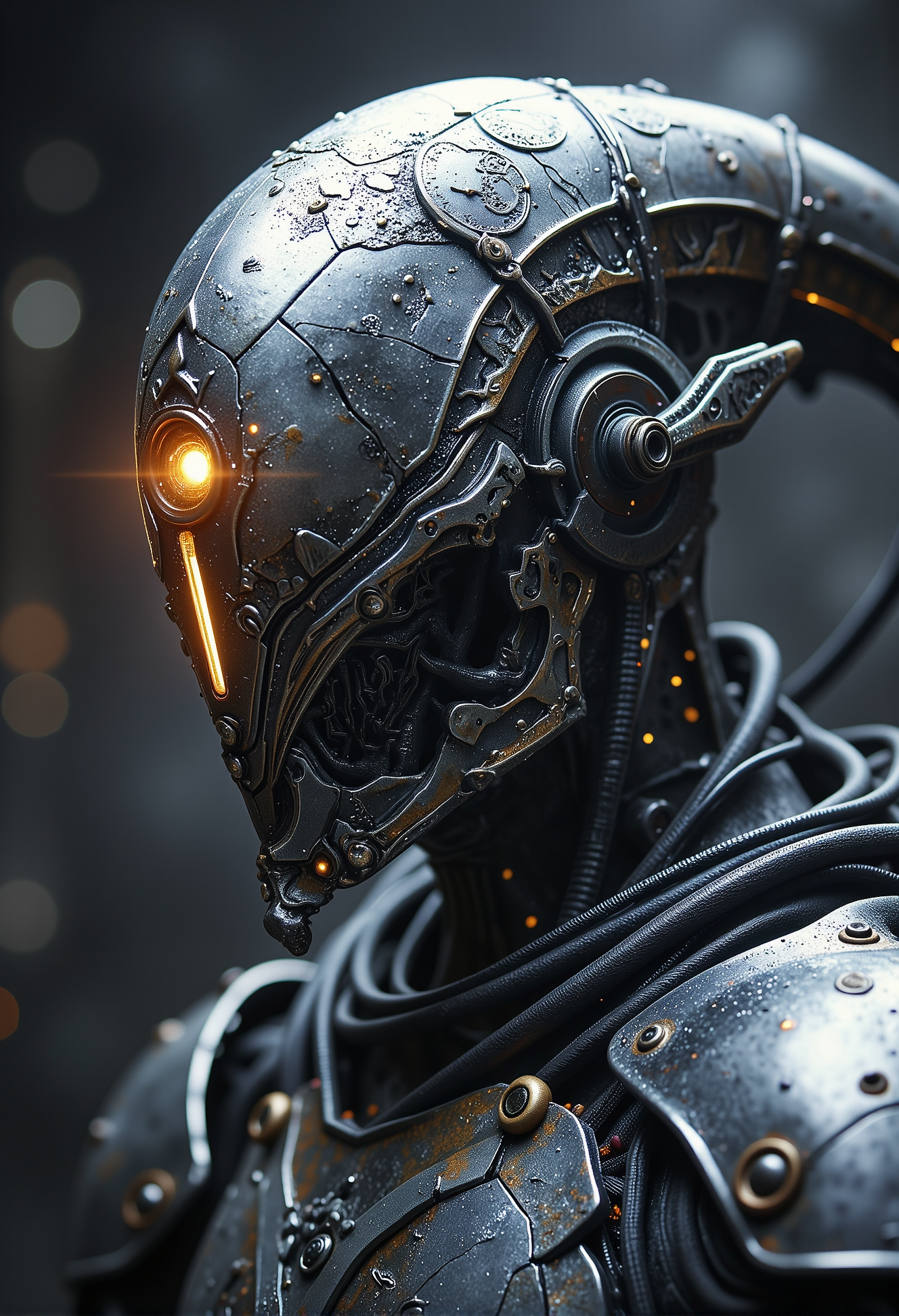 An armored alien with reflective metallic skin, a single vertical eye glowing orange, and intricate engravings etched into their helmet-like face <lora:Dever_Flux_Enhancer.safetensors:1.0>,  <lora:Instant camera portrait photography V2.0.safetensors:0.5>,  <lora:black_fantasy.safetensors:0.5>,