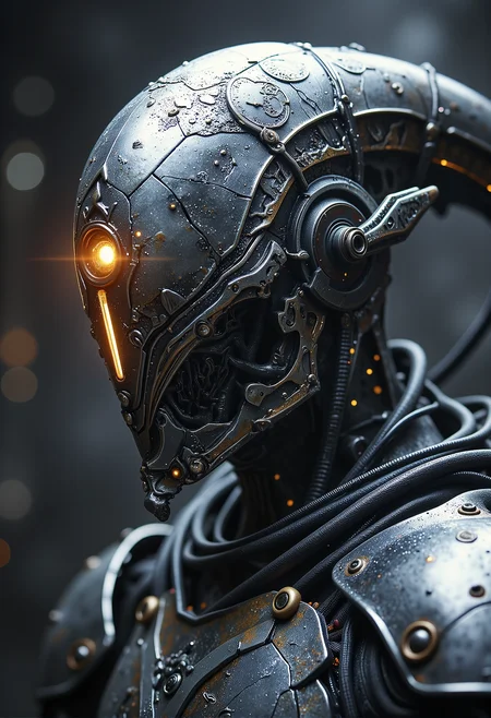 An armored alien with reflective metallic skin, a single vertical eye glowing orange, and intricate engravings etched into their helmet-like face <lora:Dever_Flux_Enhancer.safetensors:1.0>, <lora:Instant camera portrait photography V2.0.safetensors:0.5>, <lora:black_fantasy.safetensors:0.5>,