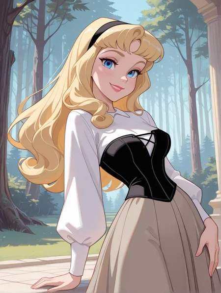 masterpiece, best quality, amazing quality, very aesthetic, absurdres, newest, detailed background, cowboy shot, outdoors, dynamic angle, 4k, 8k, palace,forest,
auroraxd, 1girl, solo, blonde hair, blue eyes, long hair, shirt, long sleeves, corset, skirt, medium breasts, hairband, looking at viewer, smile, sexy, seductive, skindentation, lipstick, makeup,
<lora:Aurora_-_Disney_Illustrious:1>
