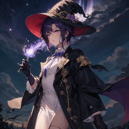 ((masterpiece:1.2, best quality)), 1girl, solo, (witch hat), dark purple hair, short hair, dress, aurora, night, star (sky), gloves, sky, white dress, night sky, starry sky, dark purple eyes, ribbon, trench coat, hair ribbon, cape, magic, casting spell, dark clouds, night, (art nouveau:1.4), (tarot:1.3), alphonse much,sideburns,(long coat:1.5),toga,robe,cassock,