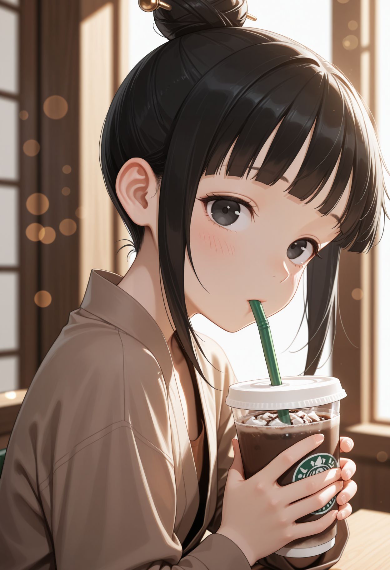 masterpiece,best quality,absurdres,highres,very aesthetic,high quality,detailed,insanely detailed,beautiful,perfect lighting, ,depth of field,blurry background,bokeh, looking at viewer, 
 <lora:Mokuren illu:1> 1girl, black hair, black eyes, single hair bun, blunt bang, hair ornament, sidelocks, hair stick, upper body, close portrait, looking at viewer, disposable cup, drinking straw, holding cup, white background, brown shirt, long sleeves, portrait, blush, upper body, simple background