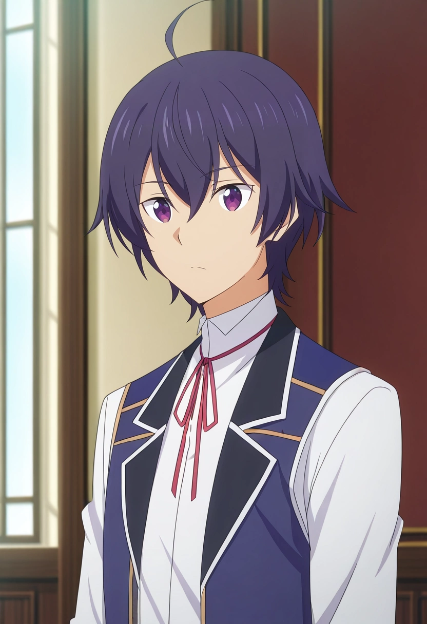 masterpiece, best quality, , anime screencap, anime coloring, official style,, 1boy, solo, male focus, <lora:shin_wolford_ilxl:0.92>, shin_wolford, purple hair, purple eyes, short hair, ahoge, hair between eyes, school uniform, red ribbon, vest, white shirt, neck ribbon