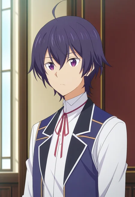 masterpiece, best quality, , anime screencap, anime coloring, official style,, 1boy, solo, male focus, <lora:shin_wolford_ilxl:0.92>, shin_wolford, purple hair, purple eyes, short hair, ahoge, hair between eyes, school uniform, red ribbon, vest, white shirt, neck ribbon