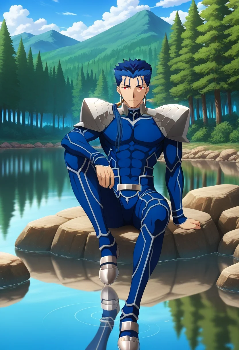 masterpiece, best quality, , anime screencap, anime coloring, official style, , 1boy, solo, male focus, <lora:lancer_fsn_ilxl:1>, lancer_fsn, cu chulainn \(fate\), fate/stay night, blue hair, red eyes, long hair, ponytail, spiked hair, , armor, shoulder armor, pauldrons, , lake, stone, calm water, forest, mountain, reflection, sitting, afternoon, peaceful smile, dangling feet, robot costume