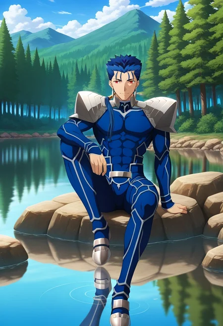 masterpiece, best quality, , anime screencap, anime coloring, official style, , 1boy, solo, male focus, <lora:lancer_fsn_ilxl:1>, lancer_fsn, cu chulainn \(fate\), fate/stay night, blue hair, red eyes, long hair, ponytail, spiked hair, , armor, shoulder armor, pauldrons, , lake, stone, calm water, forest, mountain, reflection, sitting, afternoon, peaceful smile, dangling feet, robot costume