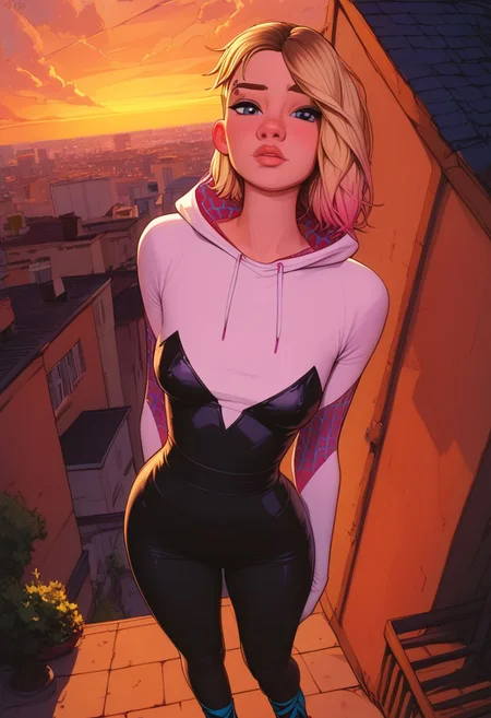 score_9, score_8_up, score_7_up, score_6_up, score_5_up, score_4_up, 1girl, spider gwen, medium breasts, in costume, thin, tiny waist, narrow hips, petite, innocent, small body, standing at the edge of a rooftop, back turned towards viewer, epic view, view from high above looking down