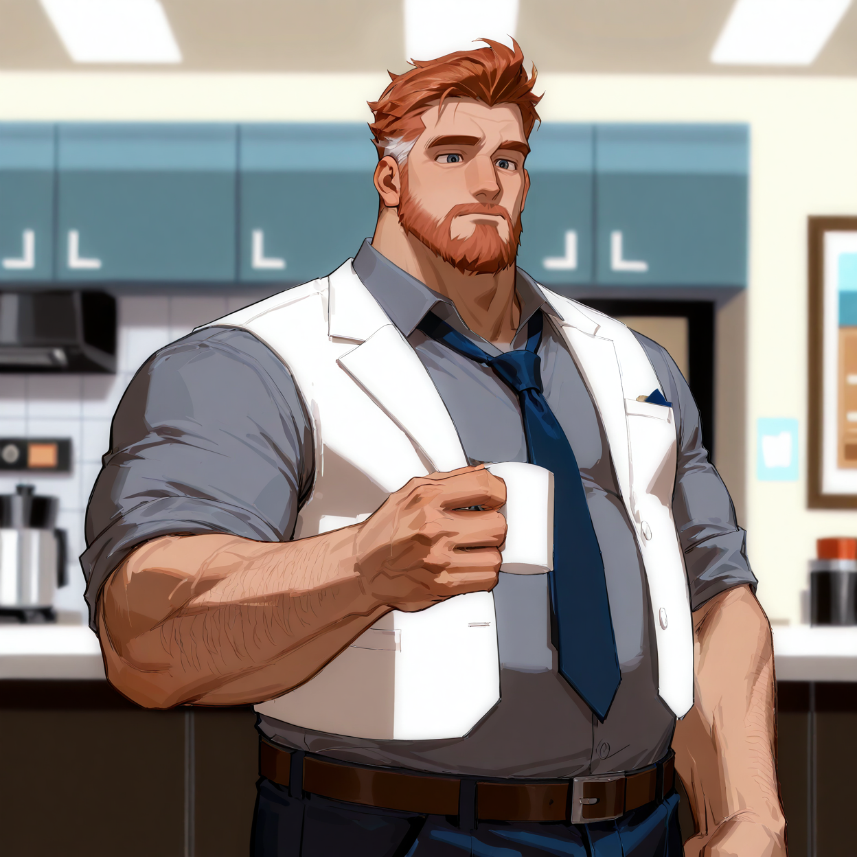 <lora:Phil_altiere_Glitch_Techs:.8> Phil Altiere, 1boy, orange hair, orange beard, chubby build, grey collared shirt, white vest, dark blue necktie, cafe, brown belt, dark blue jeans,
face focus, close-up, 
(very short hair, beard, bara, mature, facial hair, stubble, beard, full beard, sideburn, beard, a lot of beard, ), facial hair,male focus, muscular male, muscular male, bara, mature,  bara, mature, aixiwuganda_(20222192), very awa, masterpiece, best quality, absurdres, newest, perfect quality, detailed background, intricate details,
<lora:slider_Body Type_alpha1.0_rank4_noxattn_last:3><lora:style_Anime Summer Days 2 Style SDXL_LoRA_Pony Diffusion V6 XL:.6><lora:slider_cfg_scale_boost:.7><lora:Artist6p:.55>, Artist6p, Artist04p,<lora:slider_il_brightness_slider_d1:-1><lora:slider_il_contrast_slider_d1:-1><lora:slider_DarkSlider1.2_alpha1.0_rank16_full_300steps:-.6>