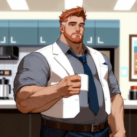 <lora:Phil_altiere_Glitch_Techs:.8> Phil Altiere, 1boy, orange hair, orange beard, chubby build, grey collared shirt, white vest, dark blue necktie, cafe, brown belt, dark blue jeans,
face focus, close-up, 
(very short hair, beard, bara, mature, facial hair, stubble, beard, full beard, sideburn, beard, a lot of beard, ), facial hair,male focus, muscular male, muscular male, bara, mature,  bara, mature, aixiwuganda_(20222192), very awa, masterpiece, best quality, absurdres, newest, perfect quality, detailed background, intricate details,
<lora:slider_Body Type_alpha1.0_rank4_noxattn_last:3><lora:style_Anime Summer Days 2 Style SDXL_LoRA_Pony Diffusion V6 XL:.6><lora:slider_cfg_scale_boost:.7><lora:Artist6p:.55>, Artist6p, Artist04p,<lora:slider_il_brightness_slider_d1:-1><lora:slider_il_contrast_slider_d1:-1><lora:slider_DarkSlider1.2_alpha1.0_rank16_full_300steps:-.6>