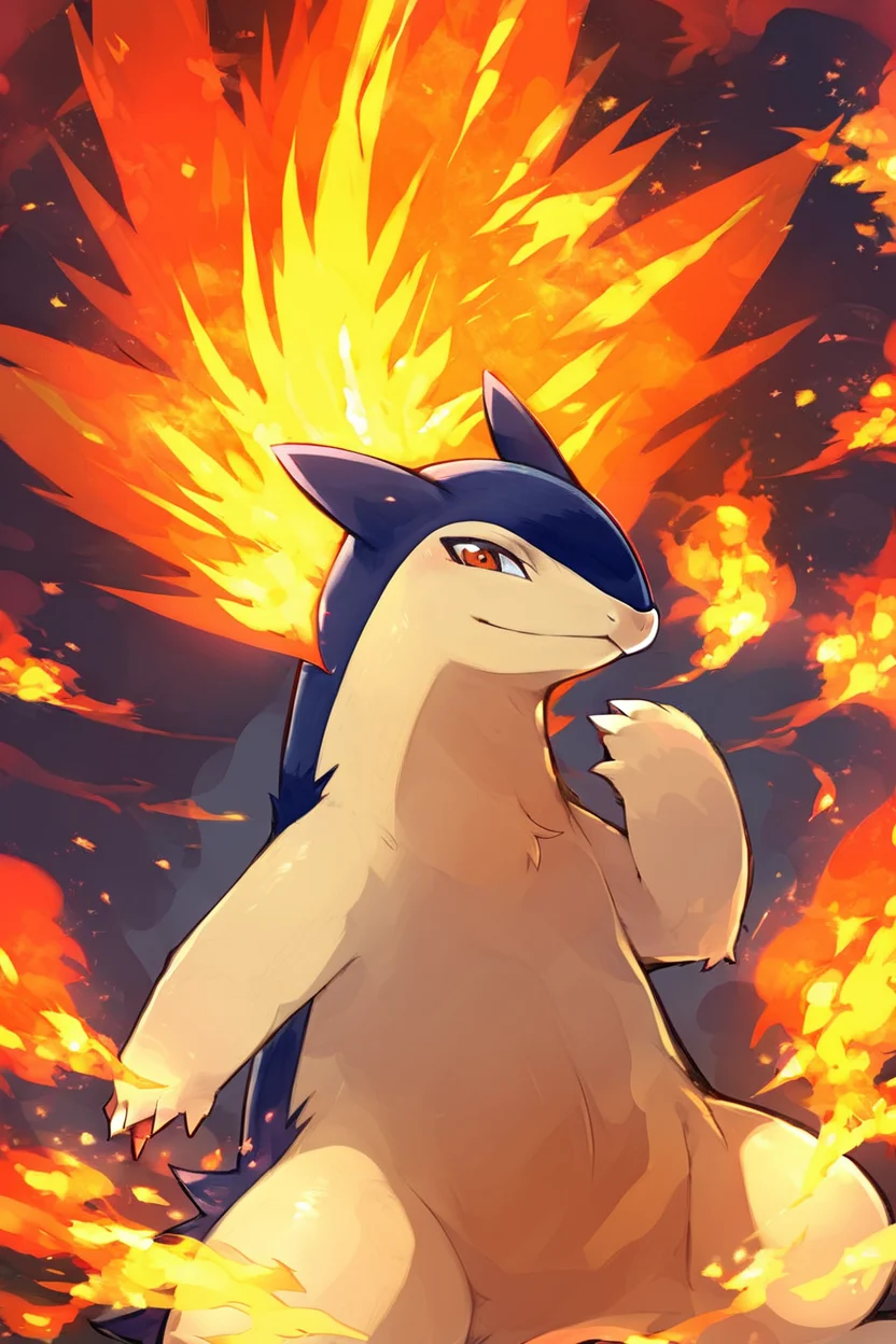 score_9, score_8_up, score_8, ,,, , ,,, zzTyphlosion, no humans, pokemon (creature), fire, <lora:TyphlosionPokedex_PDXL:1.0>, ,,, , BREAK, smile, looking at viewer, cowboy shot, ,,, embedding:zPDXL, Expressiveh, ,,, <lora:Zankuro_Style_PDXL:0.8> <lora:SDXLFaeTastic2400:0.5>, <lora:Expressive_H-000001:0.4>,