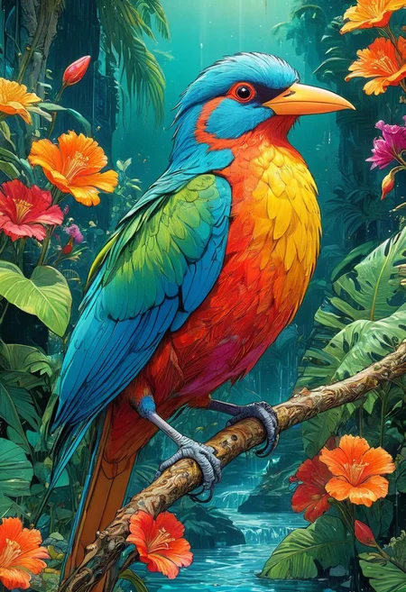 Artwork, a digital artwork, close up image of 1paradise bird, colorful, jungle, plants, flowers, water, vibrant colors, highly detailed, aesthetic, great lighting, extremely detailed, perfect composition, a vibrant tissue of hues and textures captured digitally, best quality, realistic, captivating, intricately detailed, hyper detailed, maximalist style, dynamic lighting, superb composition, finest details, highest aesthetics, best quality, sharp focus, high contrast, stylized, clear, colorful, ultra quality, whimsical, fantastic, splash art, intricate detailed, hyperdetailed, maximalist style, hyper detailed, maximalist style, concept art, sharp focus, harmony, serenity, calm, mysterious glow, dynamic lighting, superb composition, sharp focus, high contrast, stylized, clear, colorful, ultra quality, best quality, ,..(anime,cyberpunk,Moebius (Jean Giraud) Style page), comicbookpencils