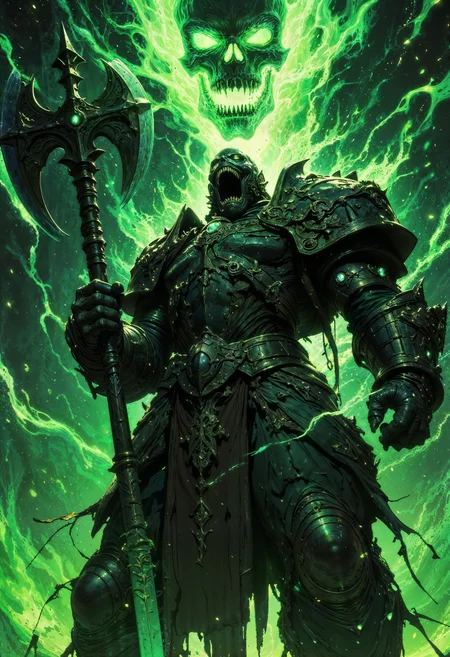 a dark, armored figure wielding a large, menacing axe. The character is clad in intricate, dark metallic armor with glowing green accents, exuding an ominous aura. The background is dominated by swirling green flames, adding a supernatural element to the scene. Above the figure, a large, ghostly green skull looms, its mouth open as if in a silent scream. The overall color palette is dark with vibrant green highlights, creating a dramatic and intense atmosphere. The composition is dynamic, with the figure positioned in a powerful stance, suggesting movement and strength. The artwork is highly detailed, emphasizing the textures of the armor and the ethereal quality of the flames. <lora:FluxMythG0thicL1nes:0.6> <lora:FluxMythR3alisticF:0.5> <lora:RetroAnimeFluxV1:0.6> <lora:OB半写实肖像画V2.0:0.6>
