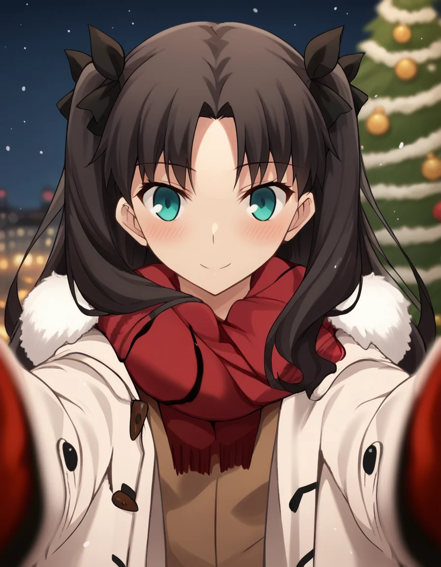 score_9, score_8_up, score_7_up, source_anime, <lora:rin-tohsaka-ubw-ponyxl-lora-nochekaiser:1>, rin tohsaka, aqua eyes, black hair, hair ribbon, long hair, ribbon, sidelocks, two side up, parted bangs,, <lora:pov-cheek-warming-ponyxl-lora-nochekaiser:1>, pov cheek warming, pov cheek warming (meme), winter gloves, duffel coat, fur-trimmed scarf, winter clothes, red mittens, meme, winter coat, red scarf, fur-trimmed coat, reaching towards viewer, reaching, mittens, fur-trimmed hood, white coat, open coat, scarf, coat, red gloves, snowing, pov, fur trim, depth of field, smile, blush,, christmas, christmas tree, christmas lights,,