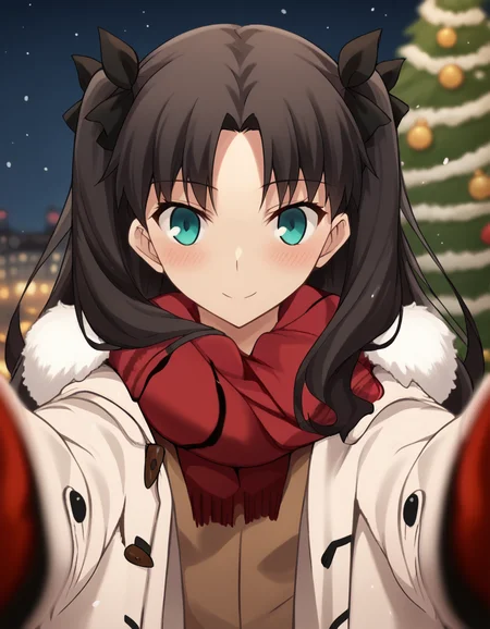score_9, score_8_up, score_7_up, source_anime, <lora:rin-tohsaka-ubw-ponyxl-lora-nochekaiser:1>, rin tohsaka, aqua eyes, black hair, hair ribbon, long hair, ribbon, sidelocks, two side up, parted bangs,, <lora:pov-cheek-warming-ponyxl-lora-nochekaiser:1>, pov cheek warming, pov cheek warming (meme), winter gloves, duffel coat, fur-trimmed scarf, winter clothes, red mittens, meme, winter coat, red scarf, fur-trimmed coat, reaching towards viewer, reaching, mittens, fur-trimmed hood, white coat, open coat, scarf, coat, red gloves, snowing, pov, fur trim, depth of field, smile, blush,, christmas, christmas tree, christmas lights,,