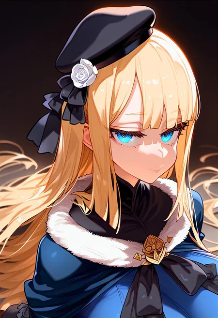 (masterpiece:1.2, best quality), (finely detailed eyes: 1.2) (ultra-detailed, hires), (detailed face, detailed eyes), (best illumination), detailed glow, high contrast, looking at viewer, solo, 1girl, solo, (huge breasts, thin waist, wide hips, thick thighs), peaceful, closed mouth, adult, reines el-melloi archisorte, blonde hair, blue eyes, long hair, bangs, blunt bangs, beret, black headwear, black ribbon, blue dress, brown gloves, dress, flower, fur collar, fur trim, fur-trimmed sleeves, gloves, hair flower, hair ornament, hair ribbon, hat, long sleeves, ribbon, rose, tilted headwear, white flower, white rose, black pantyhose, random pose, no background, dark background, (masterpiece, best quality, very aesthetic, absurdres), (ultra detailed perfect piece:1.2), illustration, masterpiece, (extremely detailed CG 8k), (very fine 8K CG), <lora:add-detail-xl:-1>