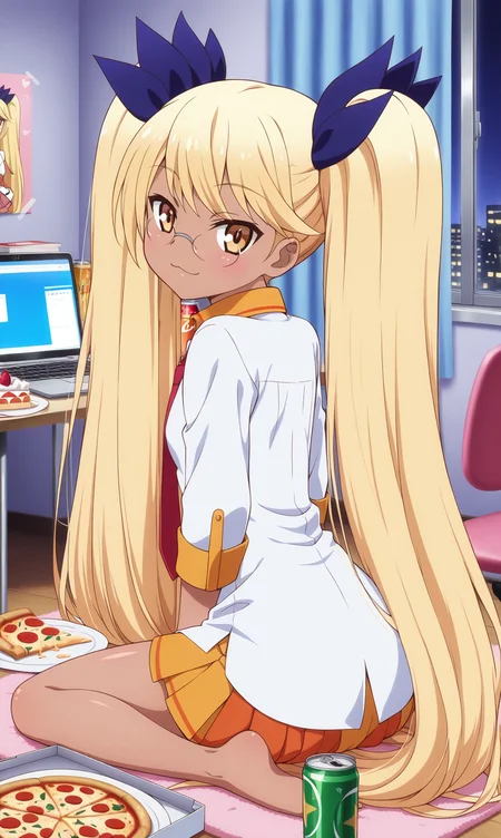 masterpiece, best qualify, zzRetoree, close-up, 1girl, solo, blonde hair, food, pizza, solo, sitting, looking back, can, indoors, looking at viewer, twintails, glasses, necktie, smile, long hair, computer, wariza, curtains, window, pizza box, chair, red necktie, yellow eyes, very long hair, shirt, hair ribbon, table, cake, box, from behind, night, cup, figure, drink can, laptop, plate, book, head tilt, ribbon, smile, upper body, :3, dark skin, dark-skinned female, collared shirt, white shirt, closed mouth, small breasts, brown eyes, tsurime, breasts, bedroom, rimless eyewear,