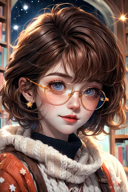closeup, face, portrait, upper body,
freckles,
shy, blush,
(short brown hair:1.1),
(library:1.1),
(round glasses:1.2),
(brown eyes:1.4),
cozy, detailed eyes, winter sweater,
<lora:more_details:0.4>
<lora:Cosmic anime-oil fusion v2:0.45>
<lora:AnimeVibesV3:0.55> animevibes,
<lora:3DMM_V11:0.55> 3DMM
<lora:midjourney_20230624181825:0.65> midjourney ,
<lora:fashionGirl_v50:0.55> fashi-girl, red lips,
<lora:LAS:0.15> cloud,colorful, starry,stars,
<lora:msw_locon-t2:0.25>, shiny, shiny hair, shiny skin, shiny clothes