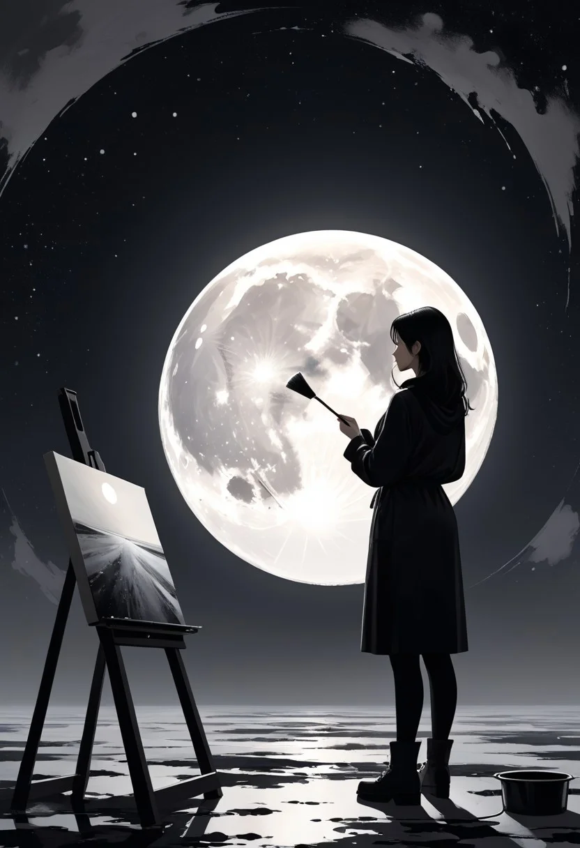 The image depicts a female artist standing before a large canvas, painting a striking monochromatic image of the moon, rendered in shades of black, white, and gray. The moon dominates the canvas, its surface textured with abstract splashes of dark ink-like spots that seem to bleed into the surrounding black sky. A smaller crescent moon floats in the distance, adding depth to the scene. The artist, backlit and silhouetted, holds a brush in one hand and stands in a contemplative pose, surrounded by her painting tools. The atmosphere is serene and introspective, emphasizing the contrast between the vastness of space and the personal act of creation.