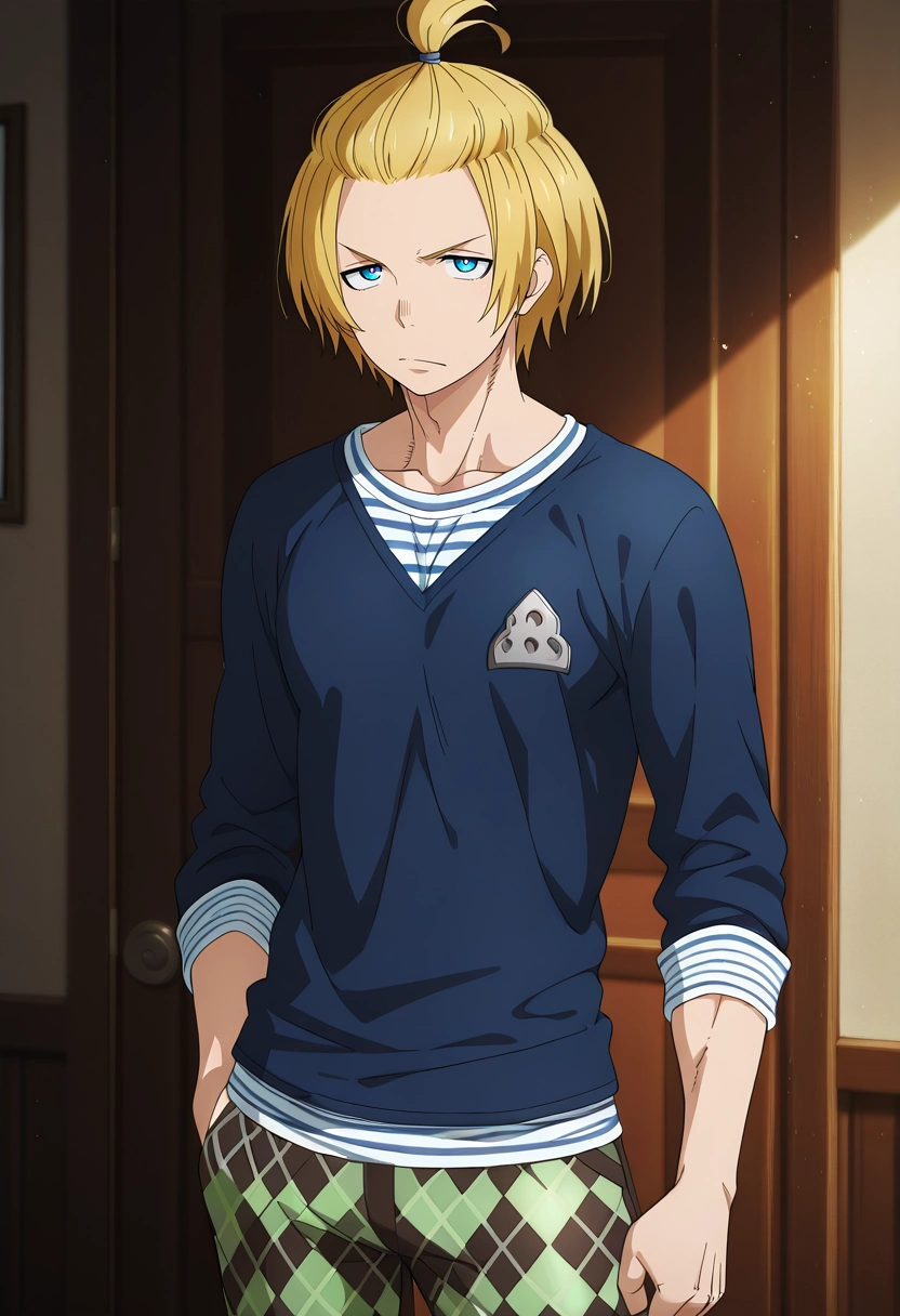 masterpiece, best quality, intricate details, , looking at viewer, 1boy, solo, male focus, <lora:arthur_boyle_ilxl:0.94>, arthur_boyle, blonde hair, blue eyes, short hair, bangs pinned back, topknot, , , , Argyle Quilted pants, Ombre Striped Henley shirt, , ,