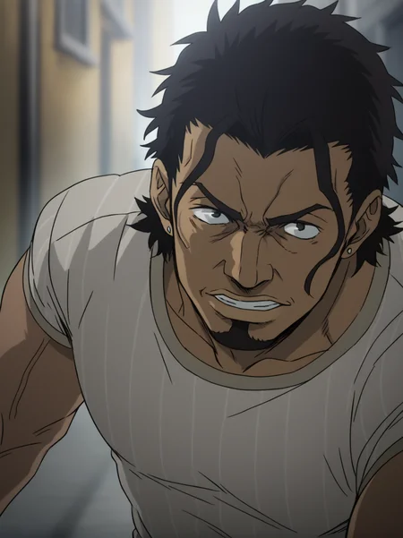 1boy, arnold_gangsta, black hair, dark_skin,  tight_striped_t-shirt, Curly hair,medium hair, goatee beard, veiny arms,score_8_up, score_7_up, score_6_up, score_9_up, (manly), (muscular), stocky body, (big muscle), (big arms), middle-age man, centered,looking at viewer, abs_focus, First-person perspective, pov, detailed eyes, 8k uhd, high quality, anime color,  alley, fighting pose, <lora:Arnold:0.6>, <lora:umikochannartv2:0.6>,