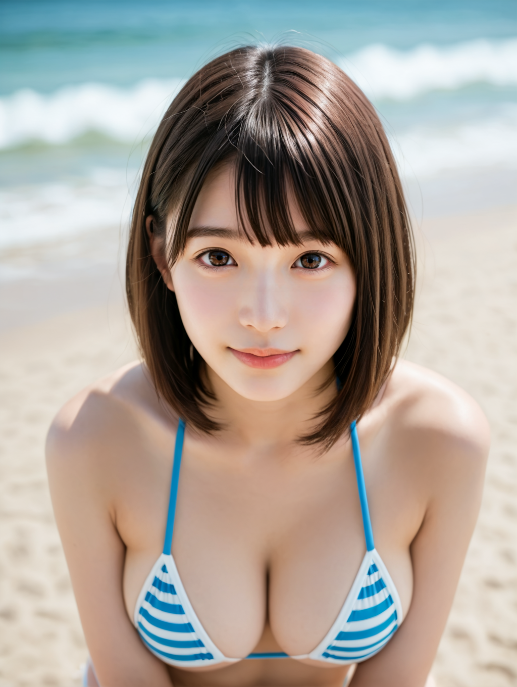 score_9,score_8_up,score_7_up,
best quality,realistic,photorealistic,face focus,
1girl,
dark brown eyes,
(light smile:0.7),
bangs,medium hair,
big breasts,
blue and white striped micro bikini,
(seaside wooden terrace:1.1),(detailed background:1.1),summer vacation scene,
harukiface,<lora:harukiface_V6c2:0.6>,